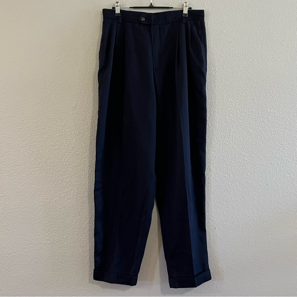 Vintage 90s Liz Sport‎ Poly Rayon Hi Rise Pleated Cuffed Navy Pants Sz 14 EVC